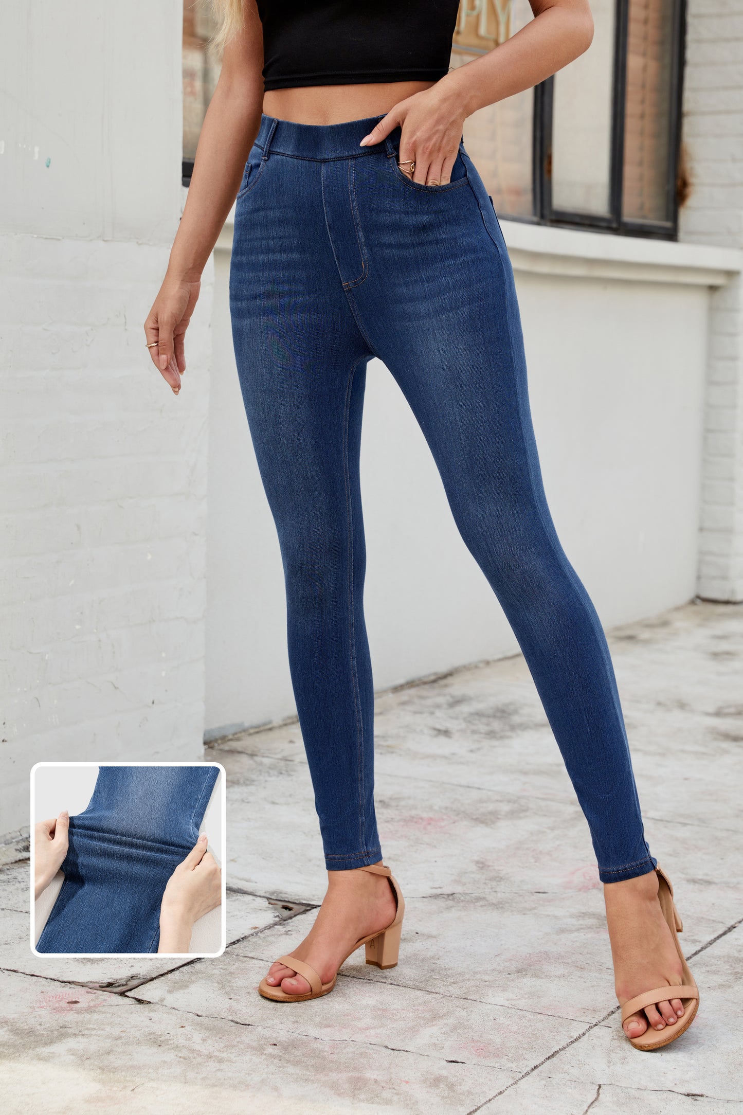 Skinny Elastic Waist Ankle Length Mid Waist Jeggings with Pockets