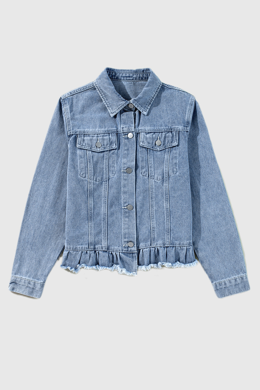 Beau Blue Ruffle Raw Hem Flap Pockets Denim Jacket