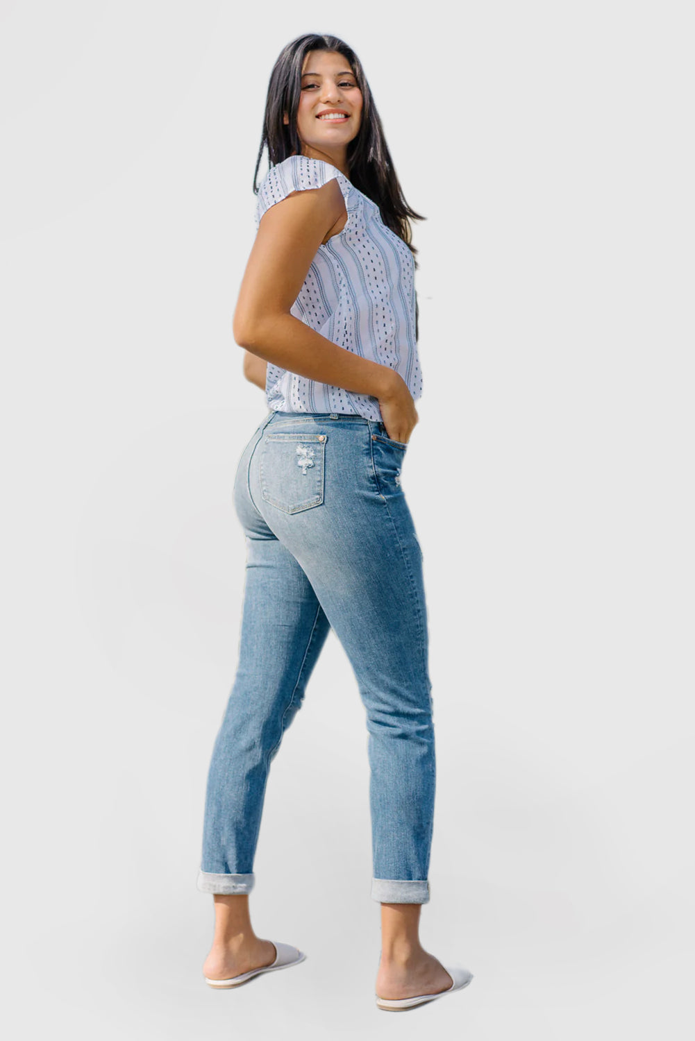 Women's High Waisted Cuffed Ripped Jeans