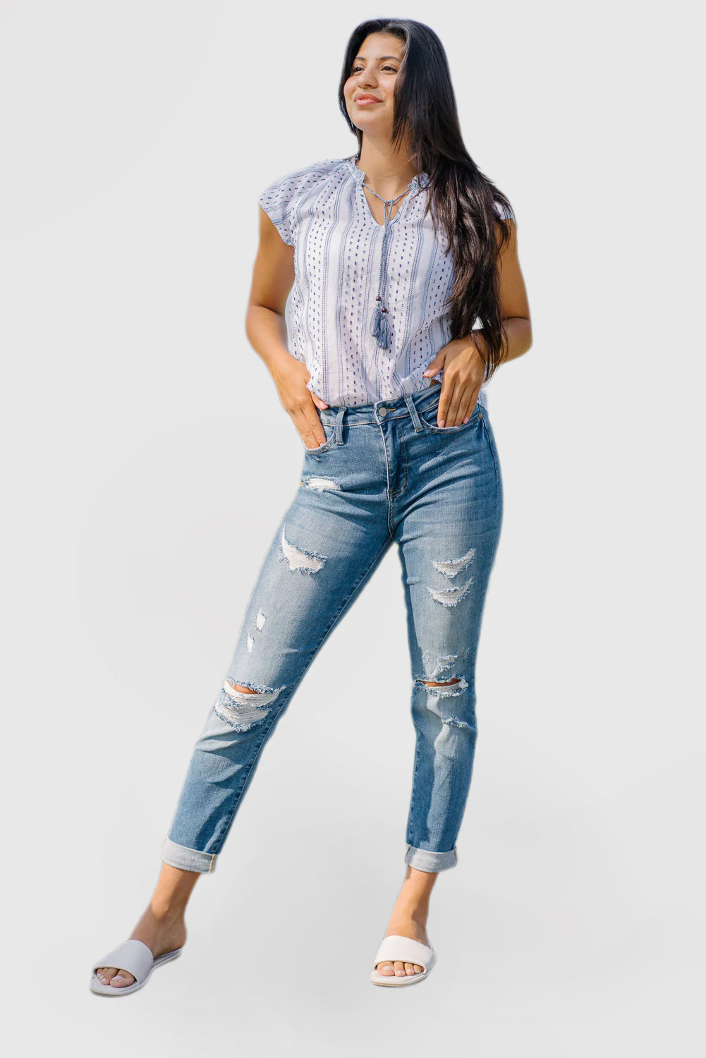 Women's High Waisted Cuffed Ripped Jeans