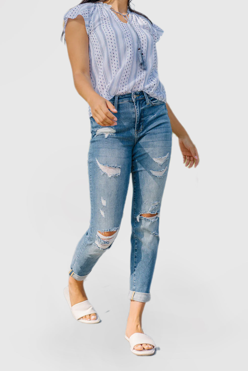 Women's High Waisted Cuffed Ripped Jeans
