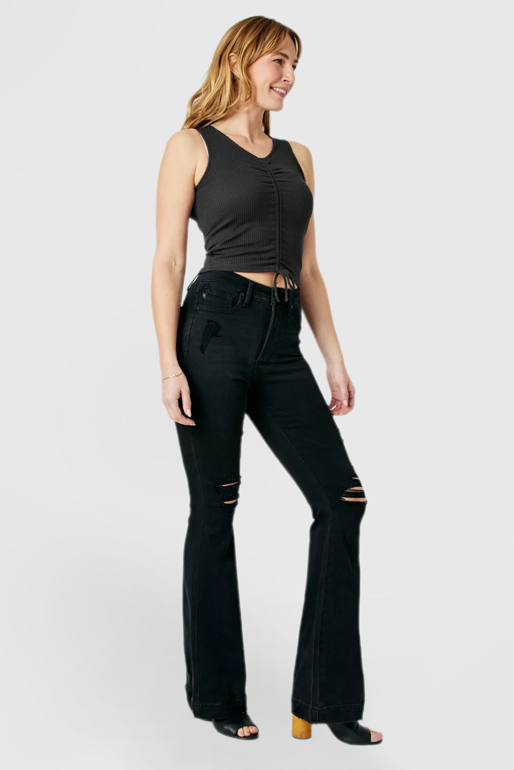 High-Rise Black Jeans with Tummy Control and Distressed Details