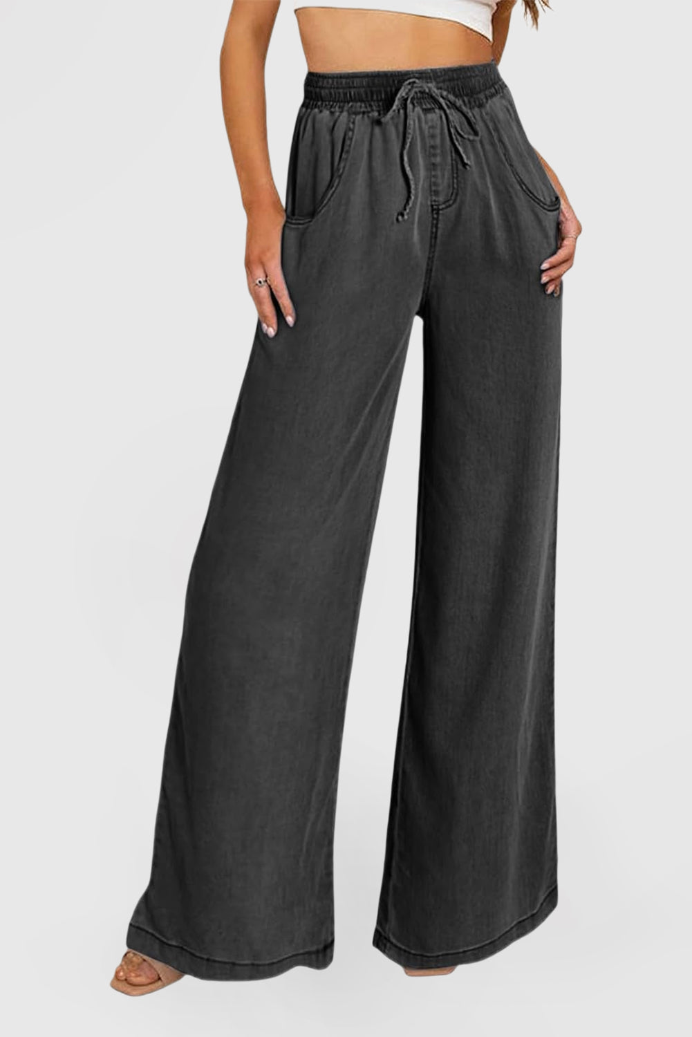Women's High-Rise Wide-Leg Drawstring Denim Pants