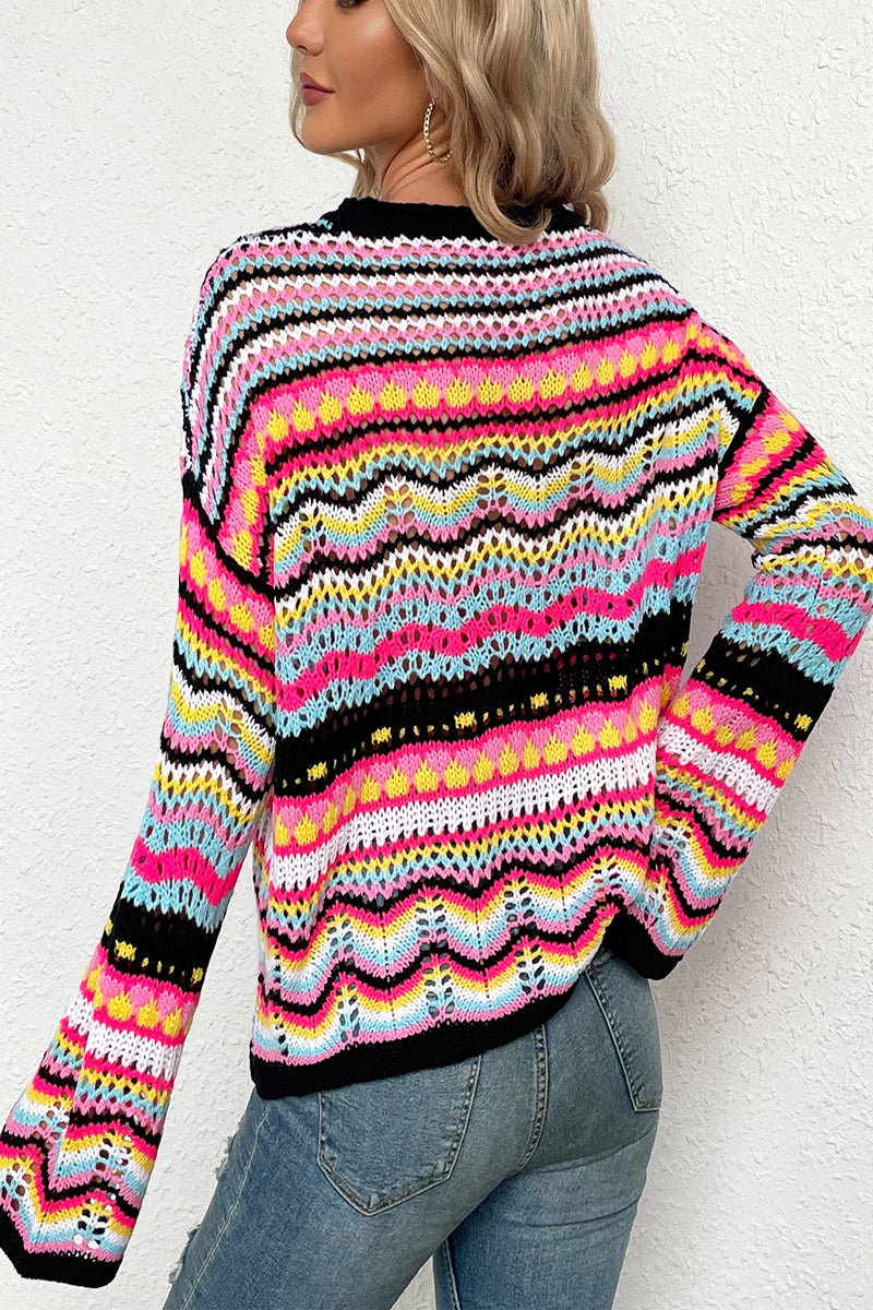 Boho Retro Rainbow Crochet Stripe Sweater