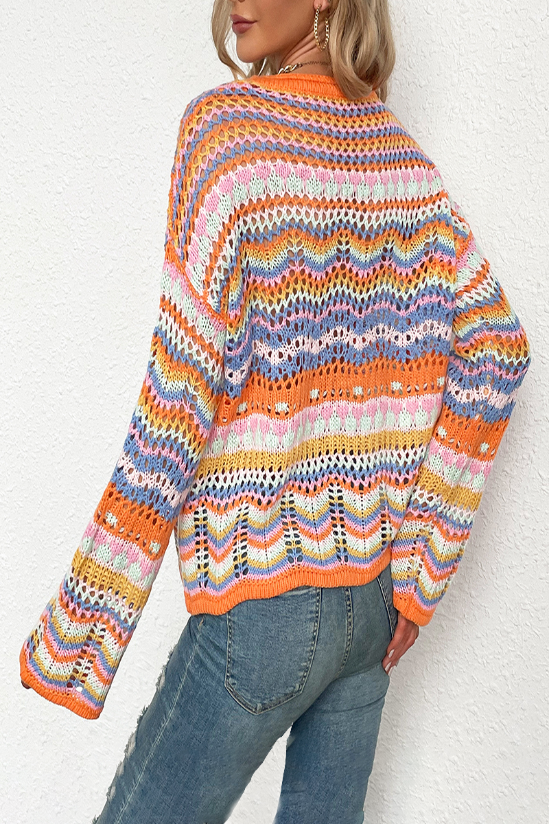 Boho Retro Rainbow Crochet Stripe Sweater