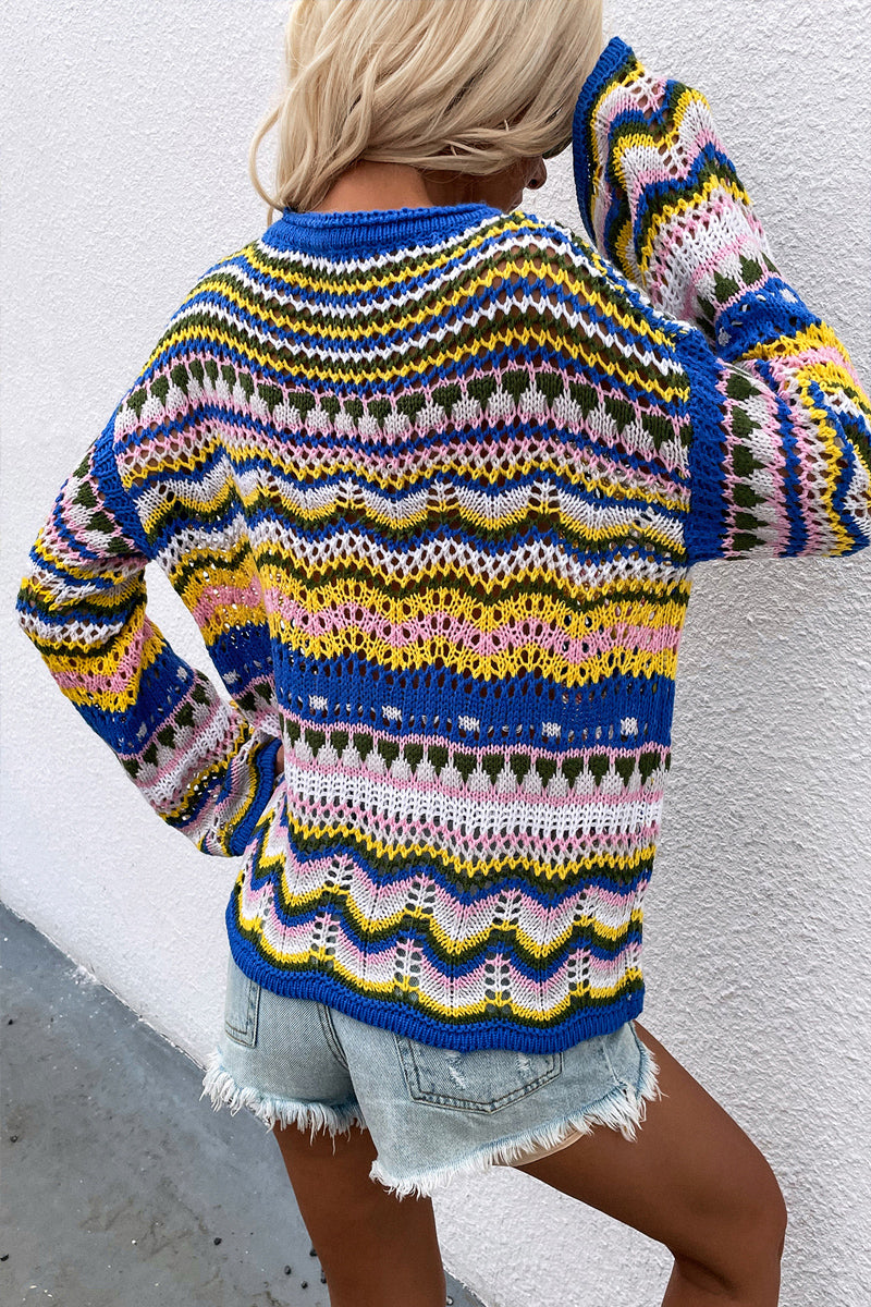 Boho Retro Rainbow Crochet Stripe Sweater