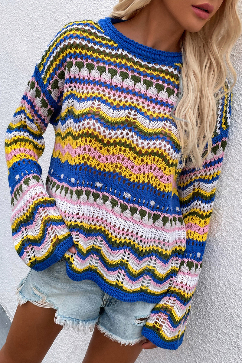 Boho Retro Rainbow Crochet Stripe Sweater