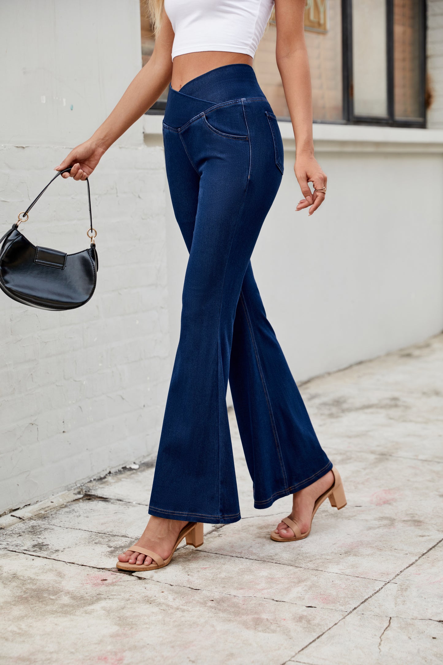 Women's Solid Crossed High Waist Fit Flare Jeans