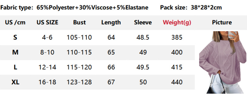 Women Cable Knit Crew Neck Pullover Sweater