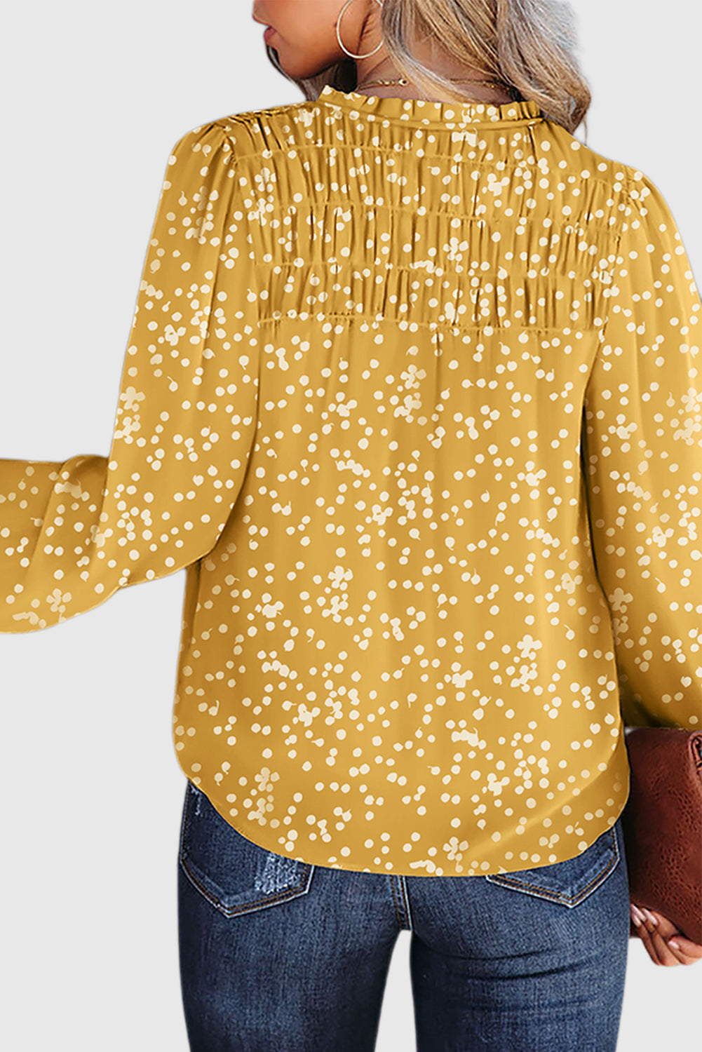Yellow Split Neck Fall Printed Crinkled Blouse