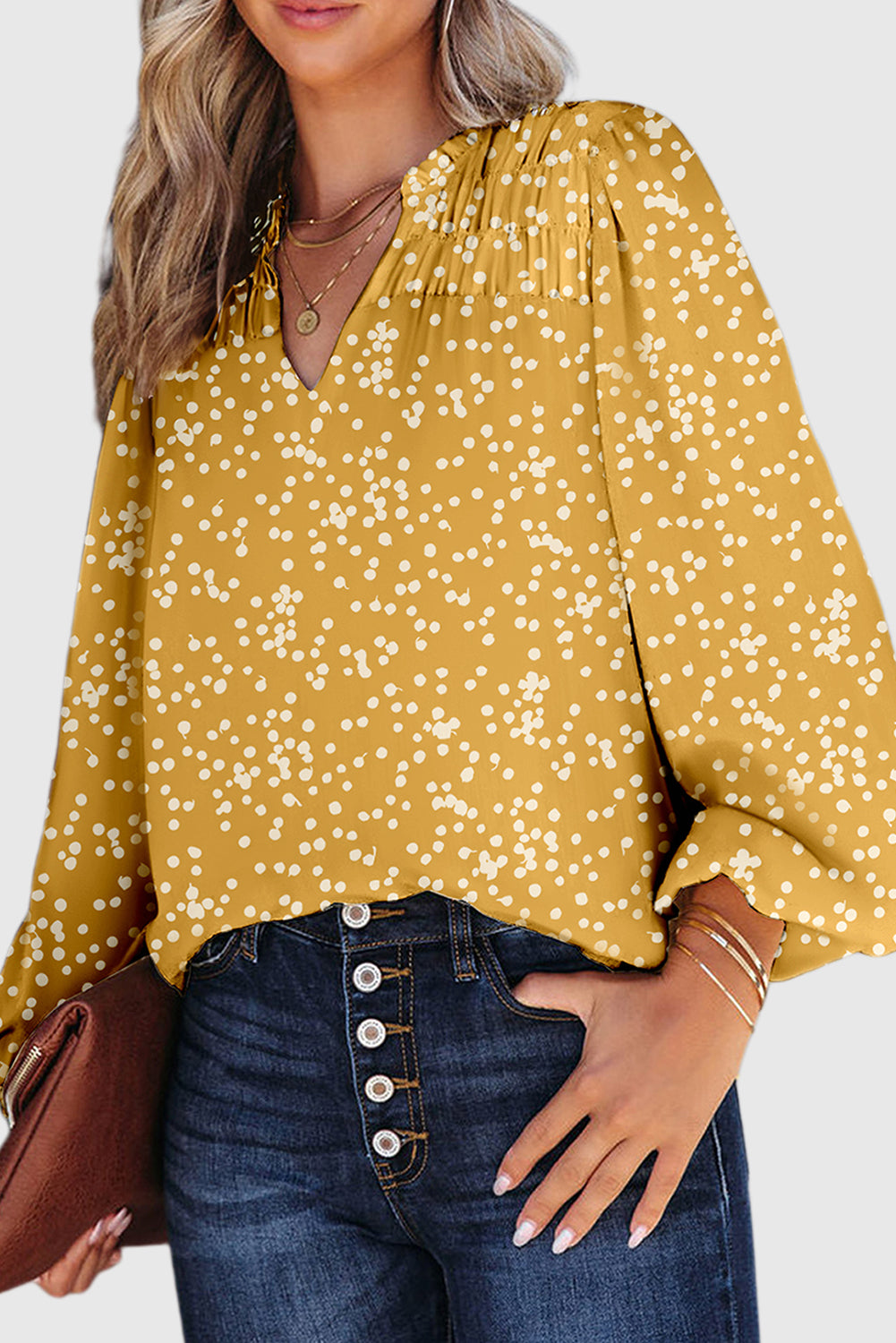 Yellow Split Neck Fall Printed Crinkled Blouse