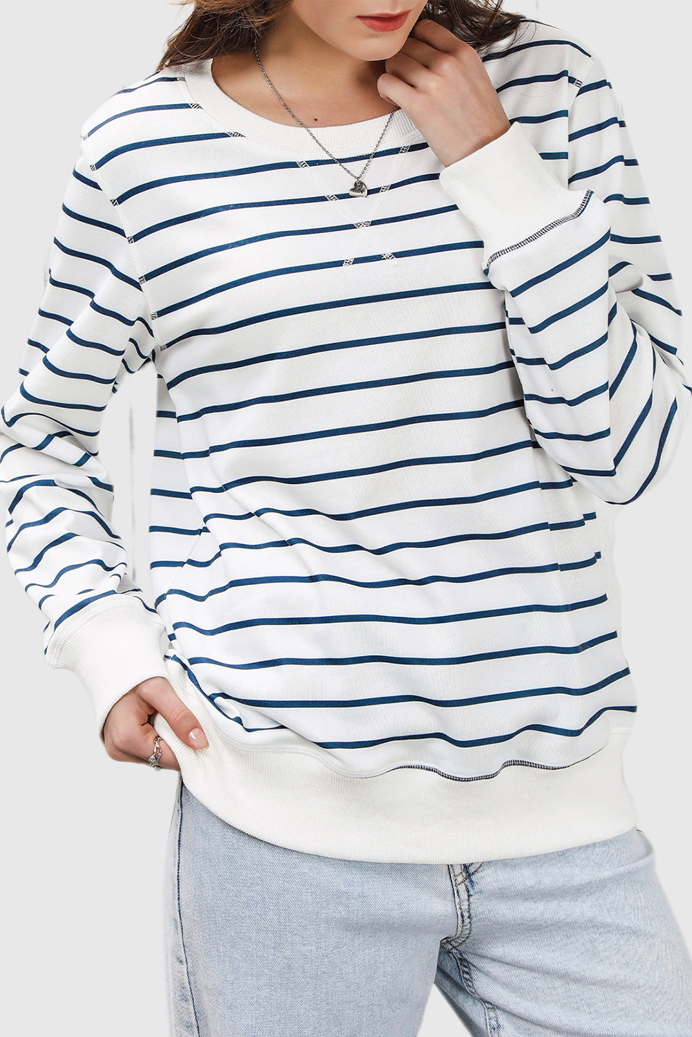Striped Print Ribbed Trim Long Sleeve Top
