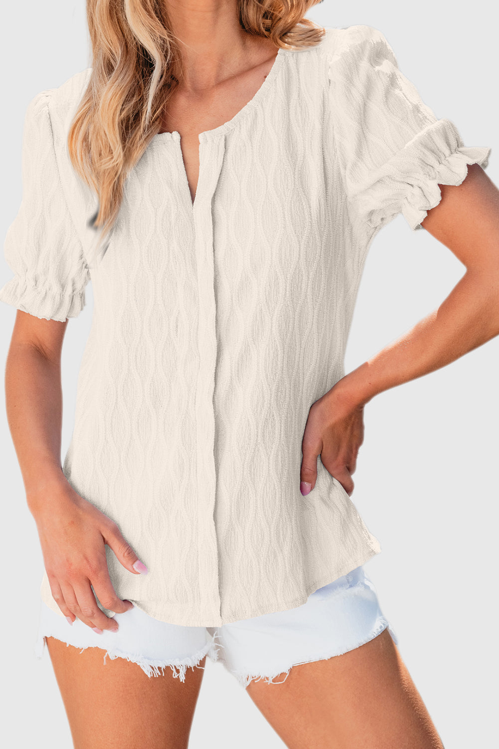 Solid Notched Neck Puff Sleeve Blouse
