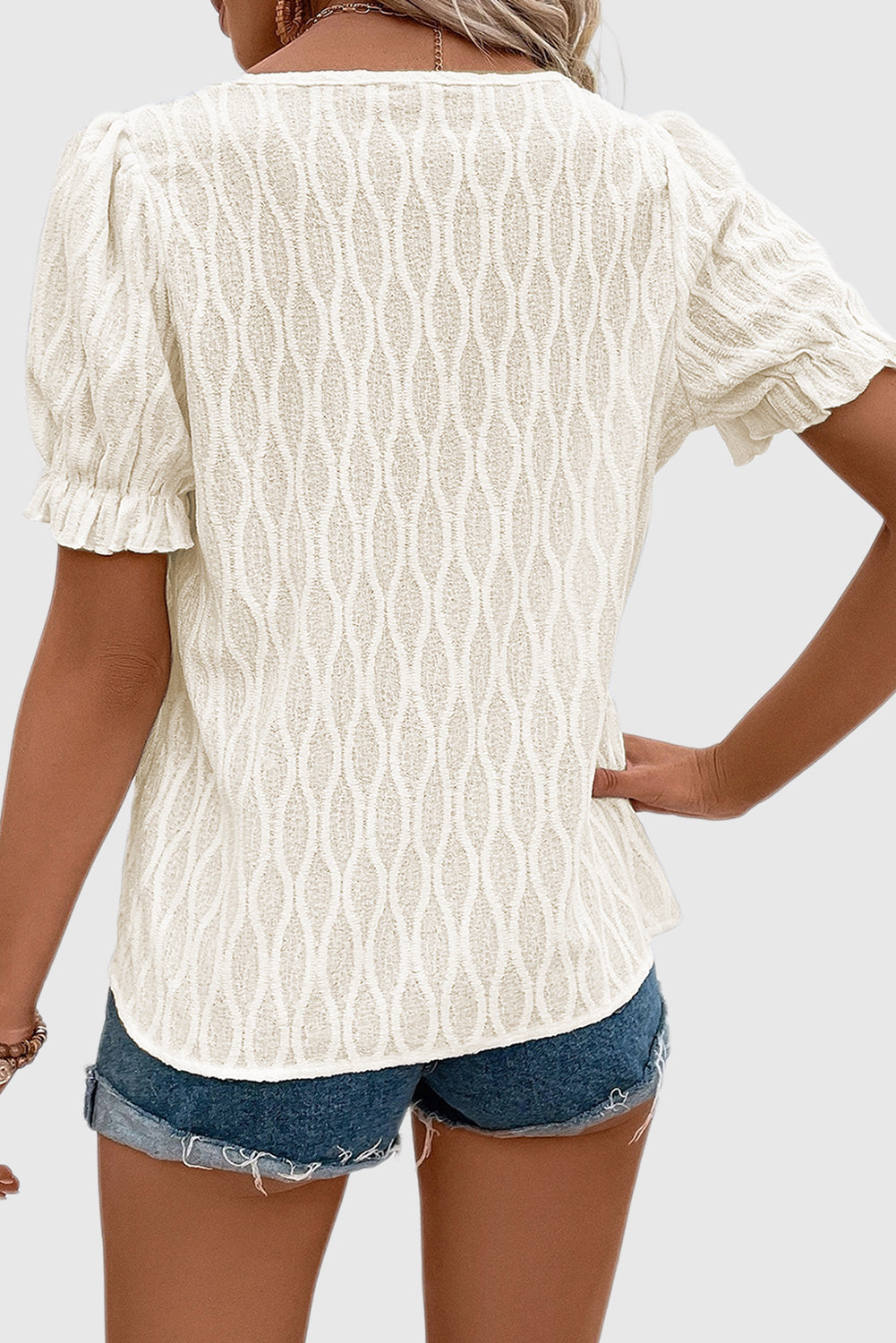 Solid Notched Neck Puff Sleeve Blouse