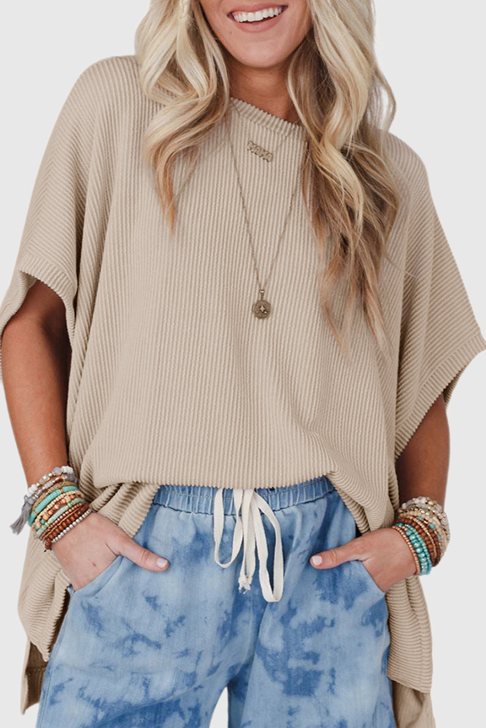 Round Neck Knit Top Split Shoulder Sleeve Tee