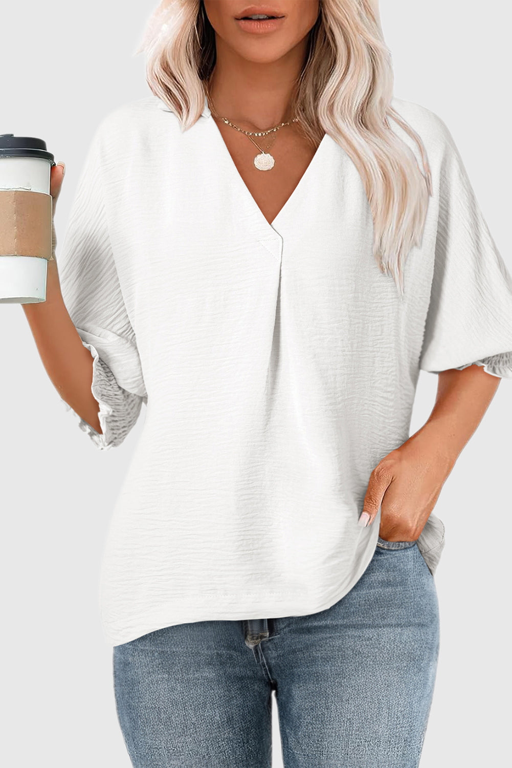 Solid Color V-Neck Pullover Loose Half Sleeve Pullover