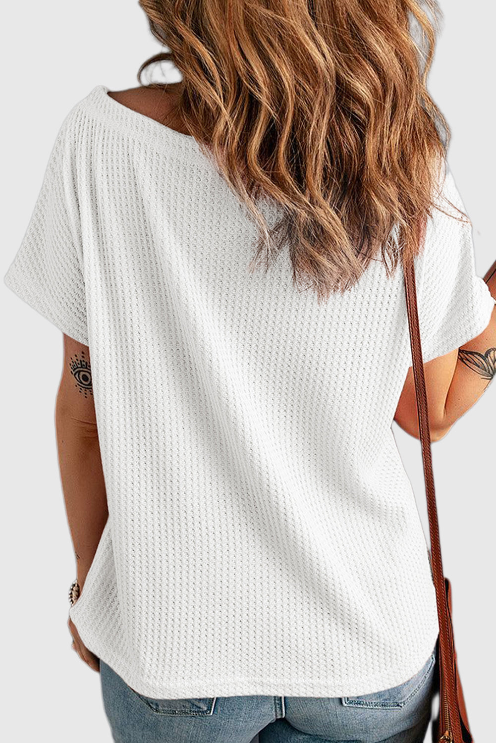 Solid Color Boatneck Waffle Knit Short Sleeve Top