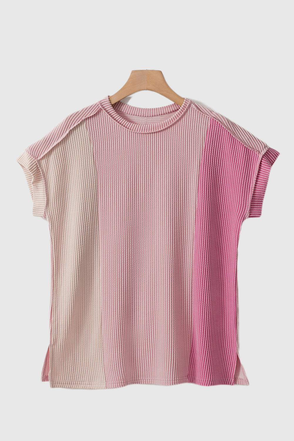 Pink Textured Colorblock Crew Neck T Shirt