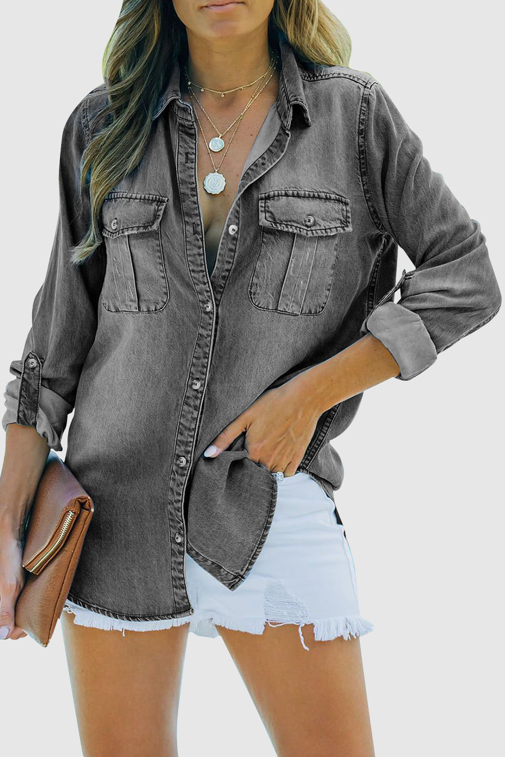 Buttoned Turn Down Collar Denim Shirt with Pocket