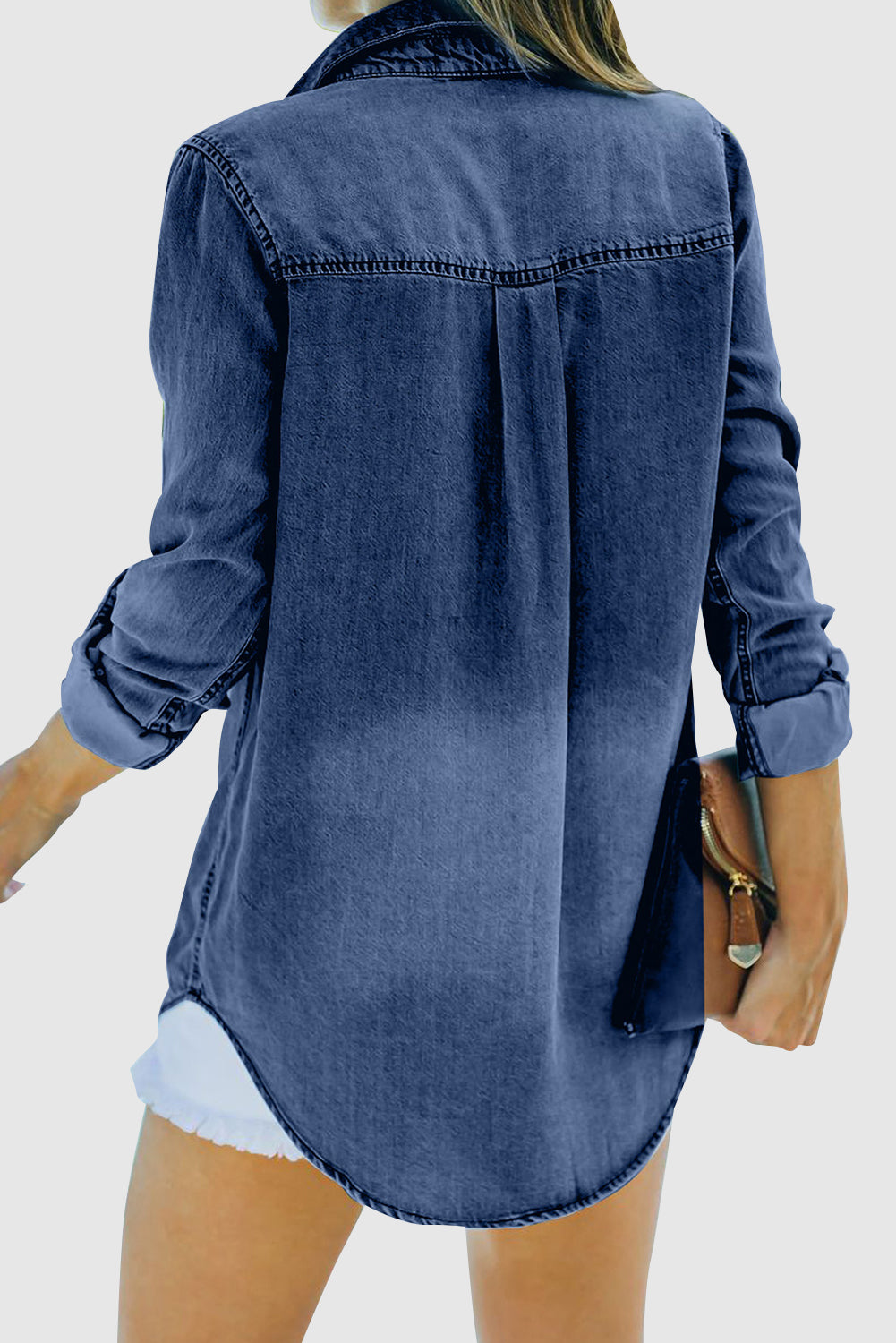Buttoned Turn Down Collar Denim Shirt with Pocket