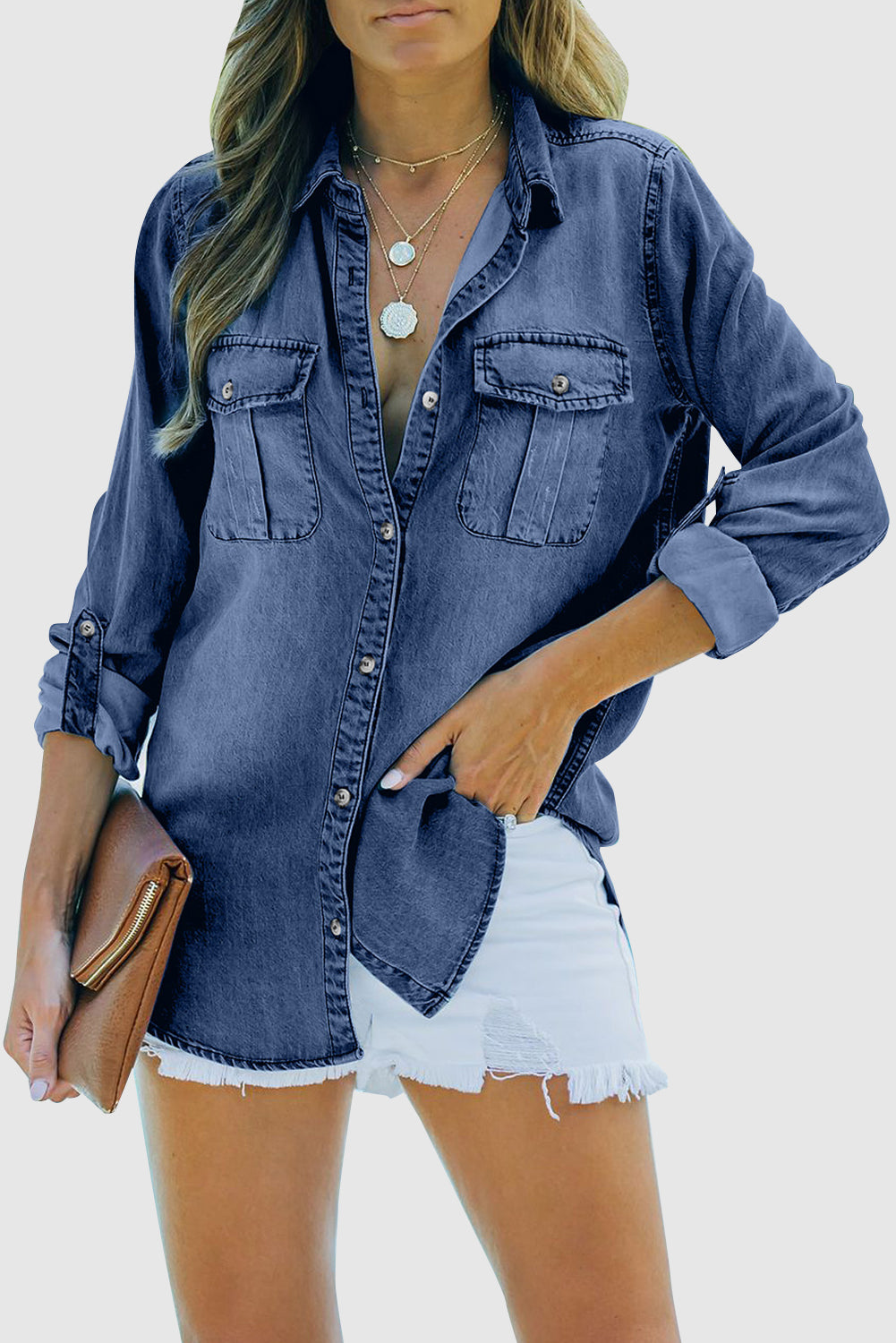 Buttoned Turn Down Collar Denim Shirt with Pocket
