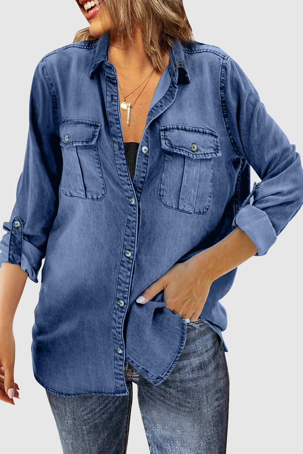 Buttoned Turn Down Collar Denim Shirt with Pocket