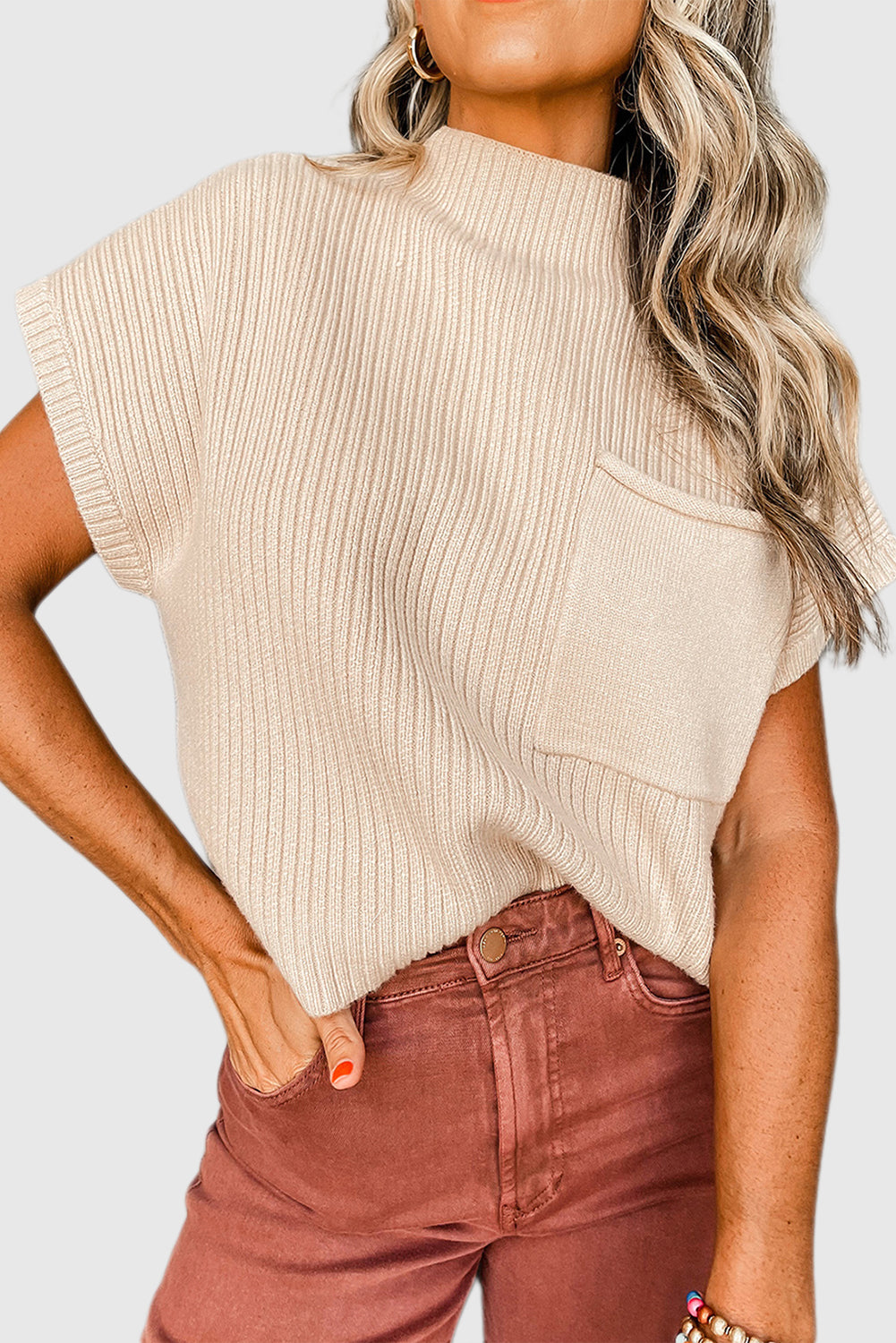 Oatmeal Patch Pocket Ribbed Knit Short Sleeve Sweater