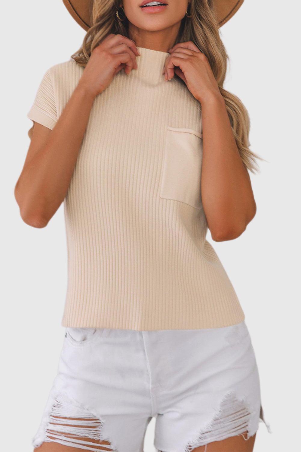 Oatmeal Patch Pocket Ribbed Knit Short Sleeve Sweater