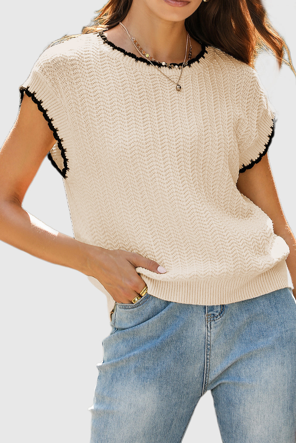 ontrast Trim Boxy Knit Sweater with Short Sleeves