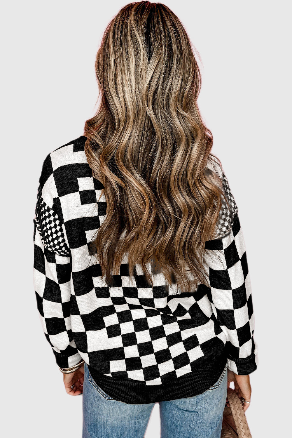 Checkered Print Drop Shoulder Round Neck Sweater
