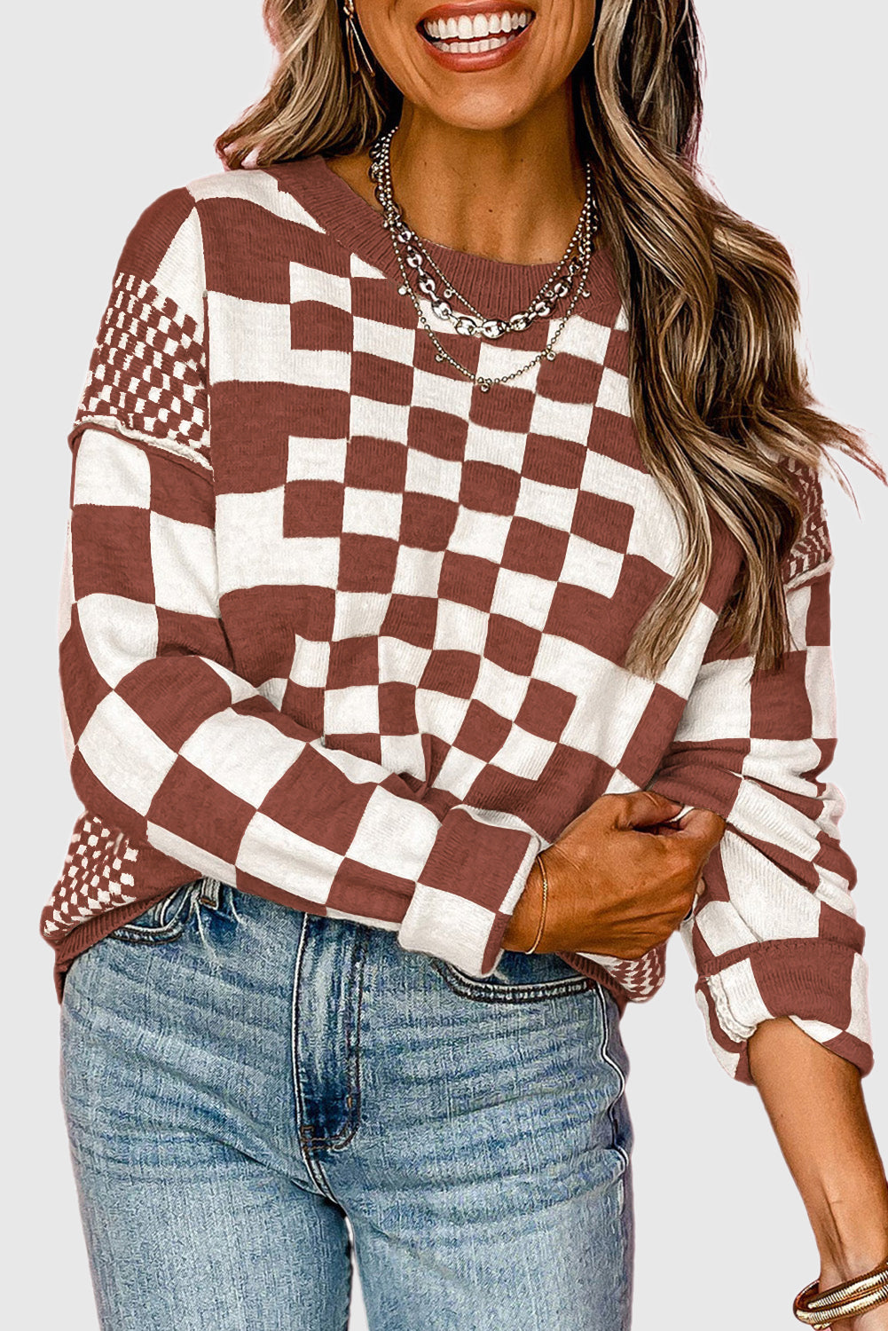 Checkered Print Drop Shoulder Round Neck Sweater