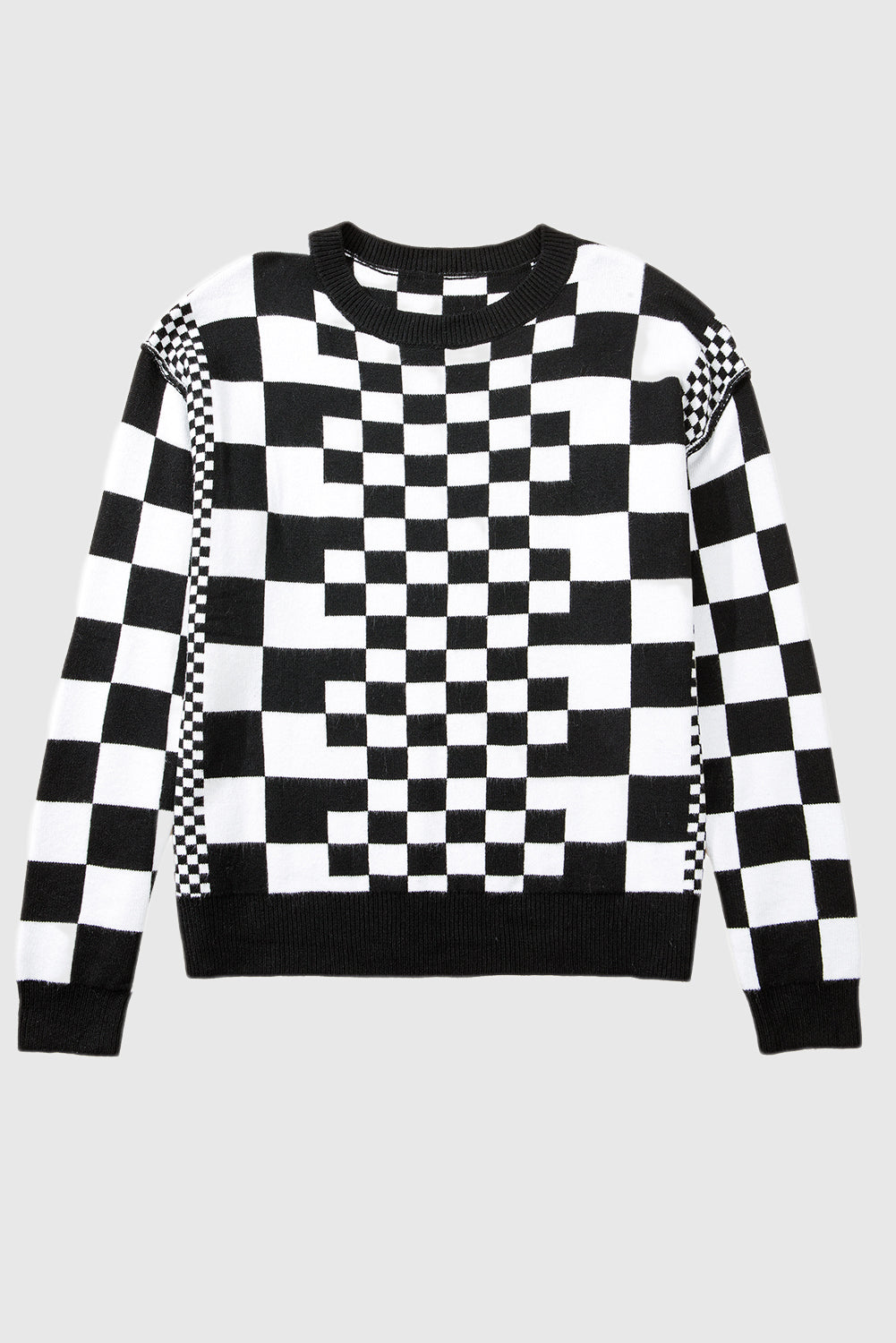 Checkered Print Drop Shoulder Round Neck Sweater