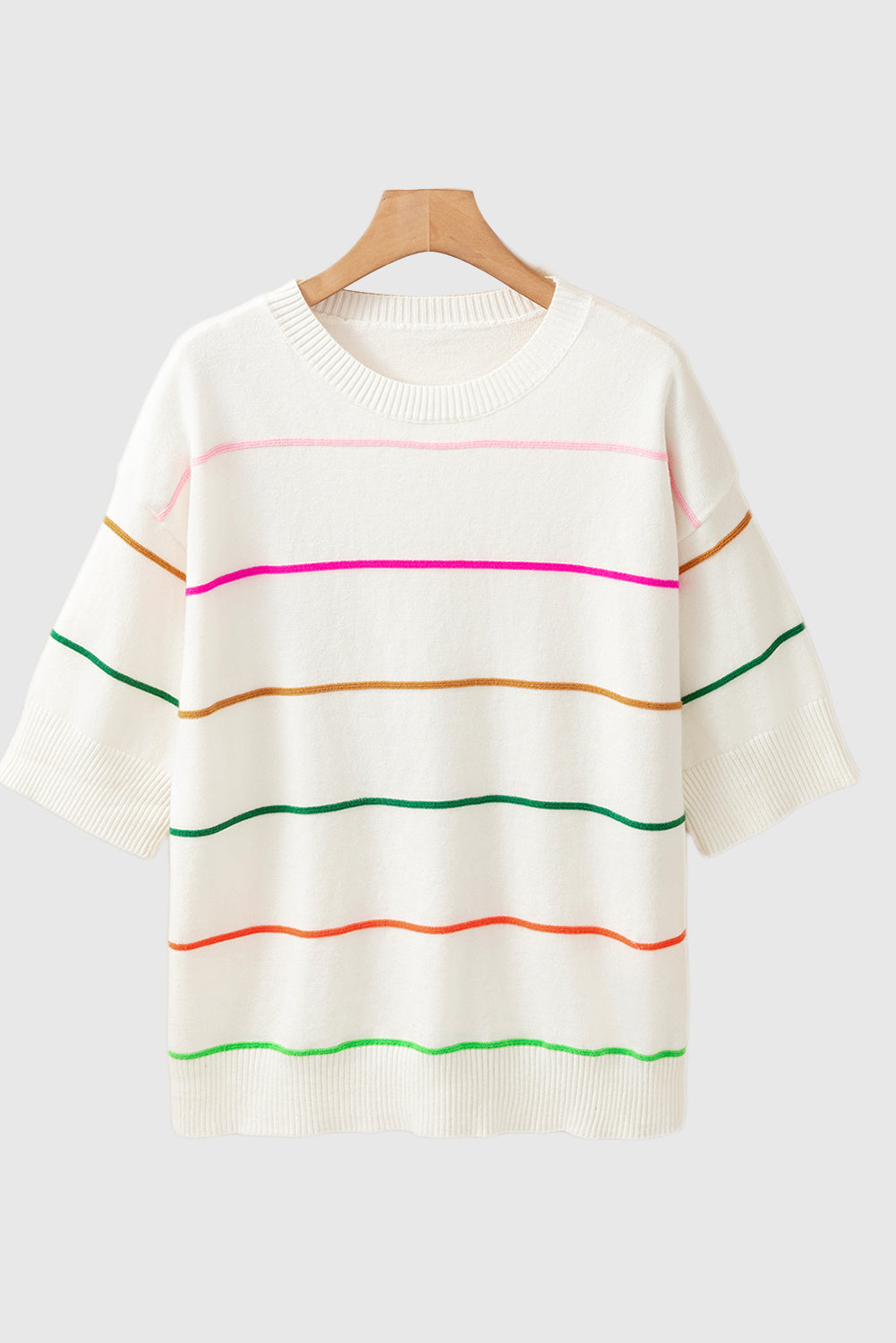 White Colorblock Striped Half Sleeve Drop Shoulder Sweater