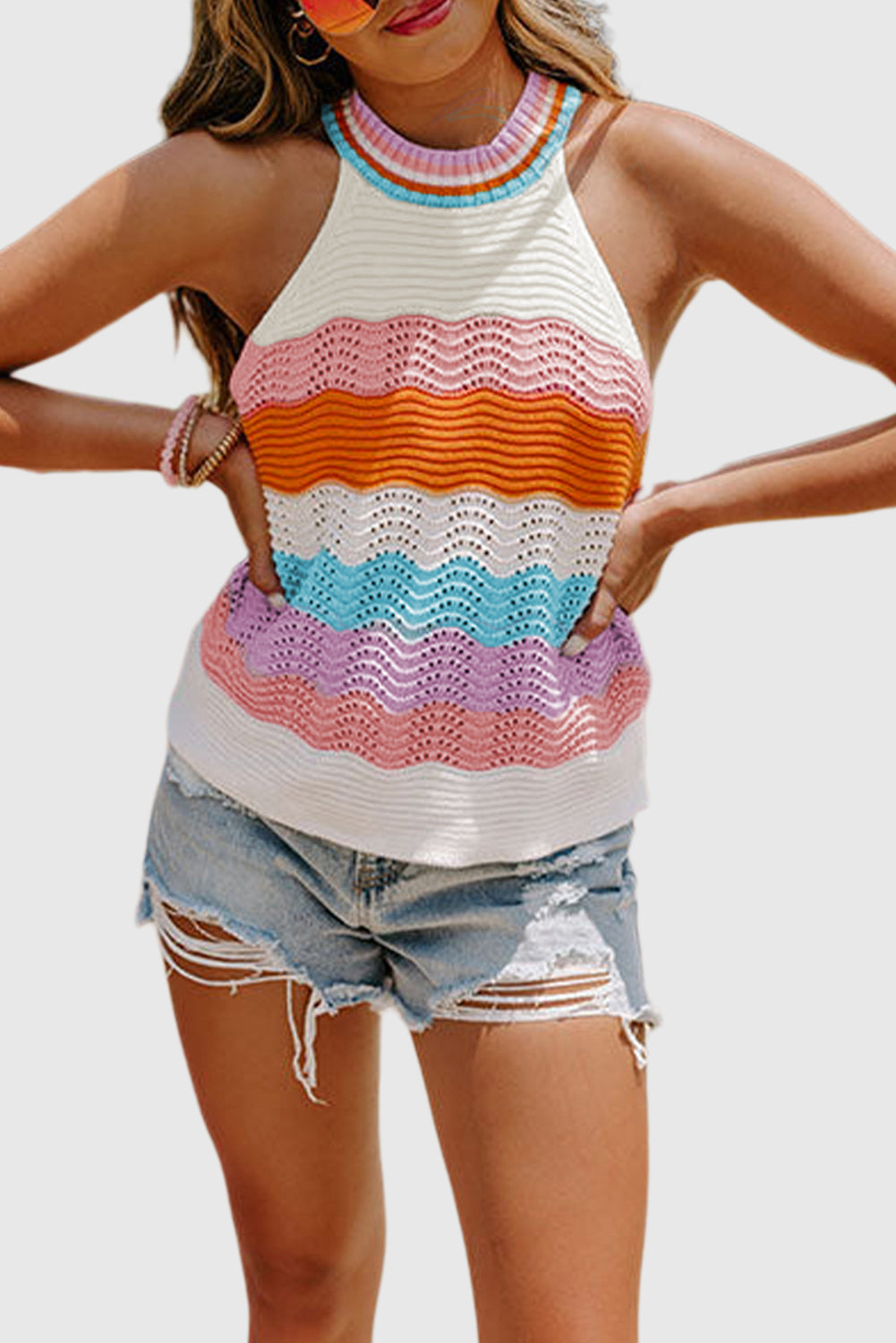 Multicolour Wavy Striped Print Textured Knit Sleeveless Sweater Top