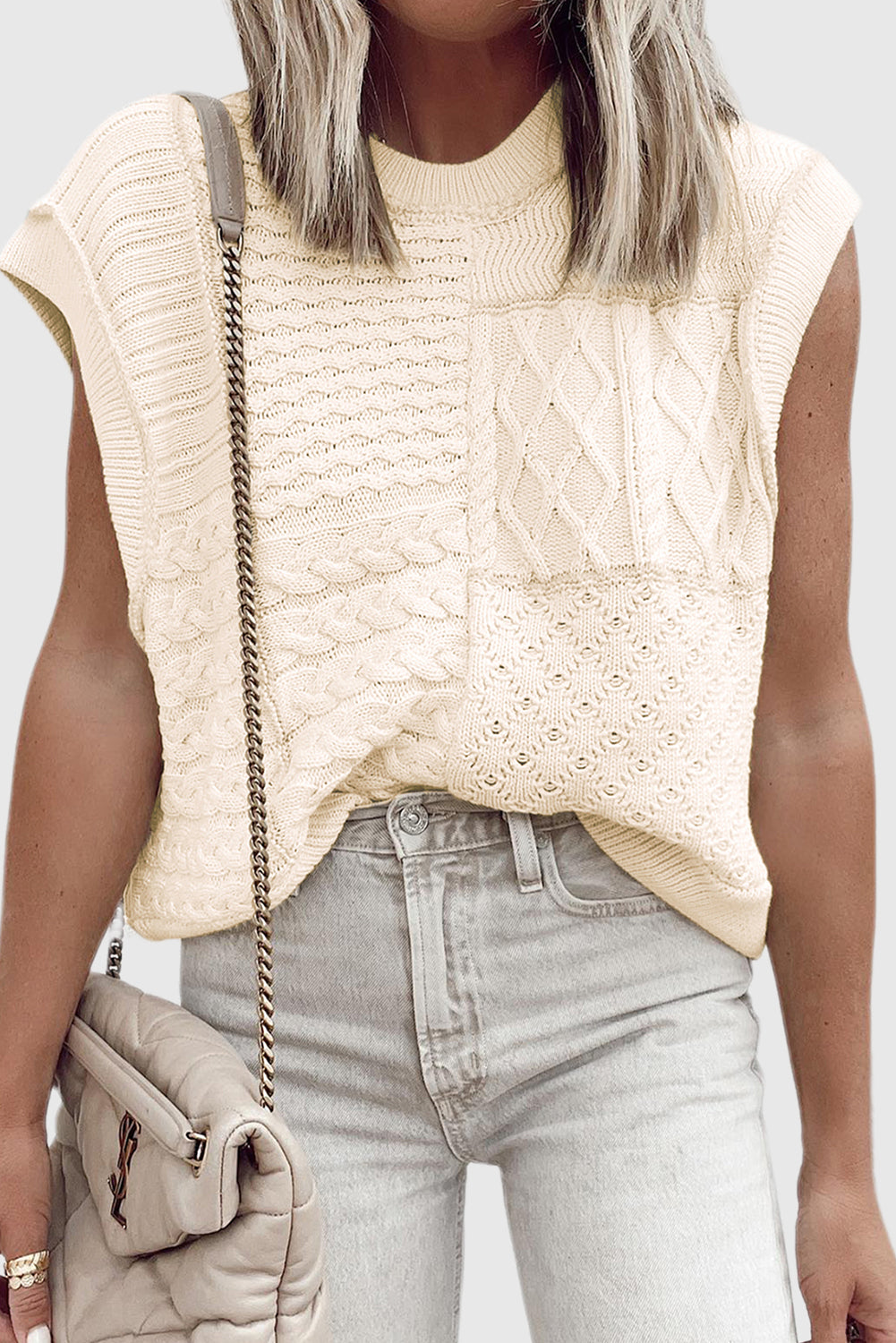 Beige Cable Knit Dolman Armholes Sweater Tank