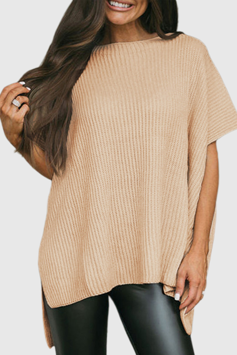 Apricot Short Sleeve Side Slit Oversized Sweater