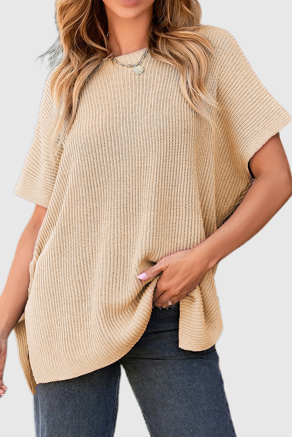 Apricot Short Sleeve Side Slit Oversized Sweater
