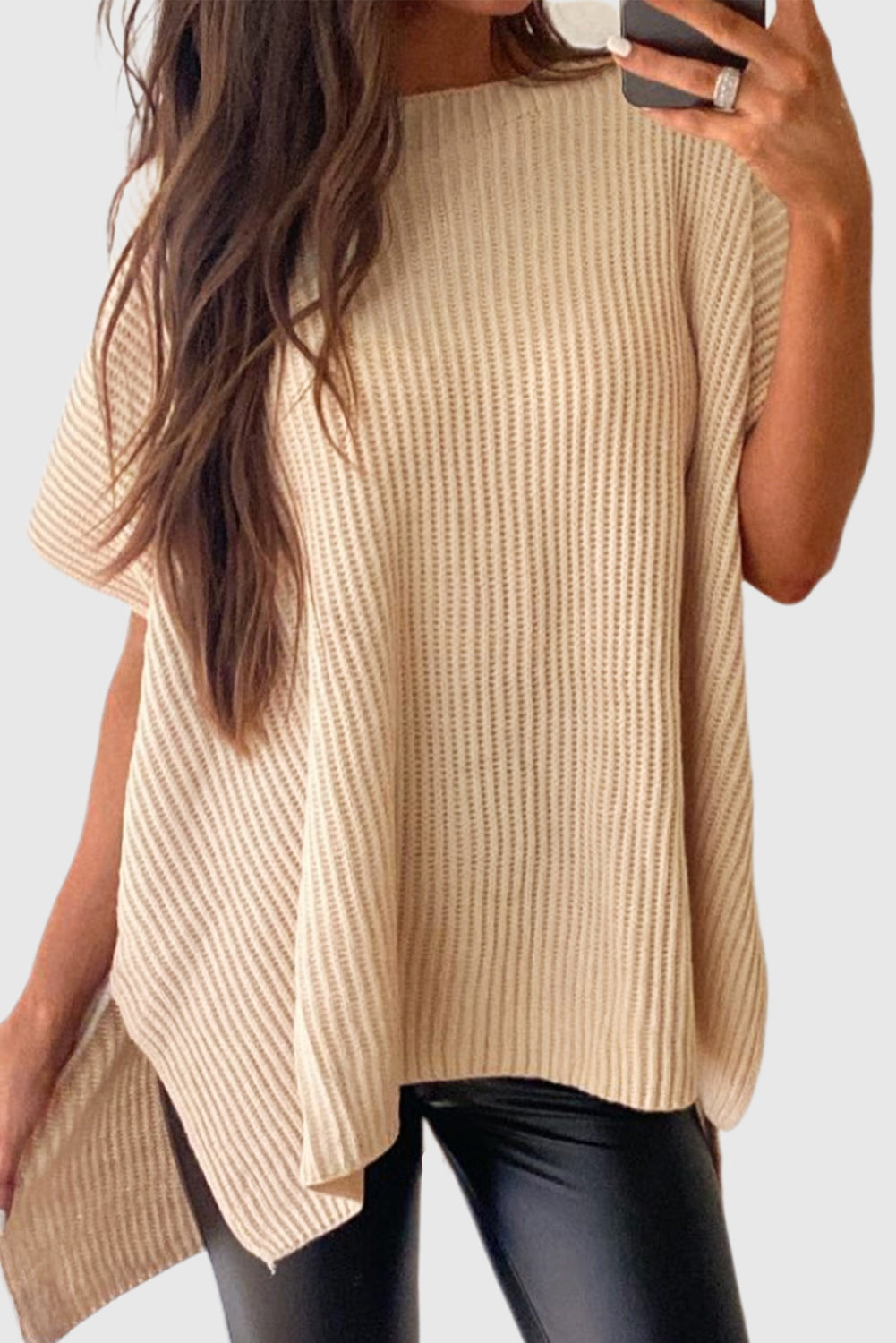 Apricot Short Sleeve Side Slit Oversized Sweater