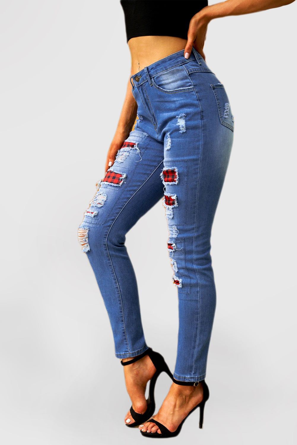 Ripped Plaid Straight Legs Jeans