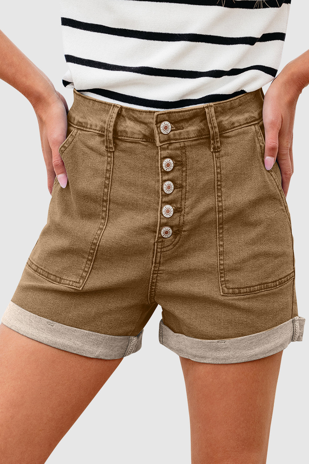 High Waist Solid Color Slim Pocket Denim Shorts