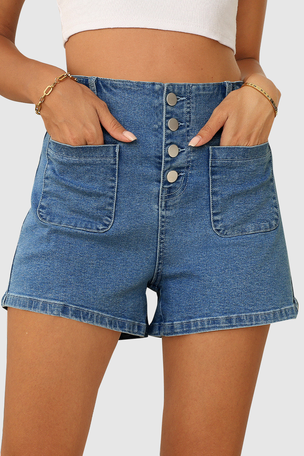 Women's High-Waisted Button Fly Stretch Denim Shorts with Pockets
