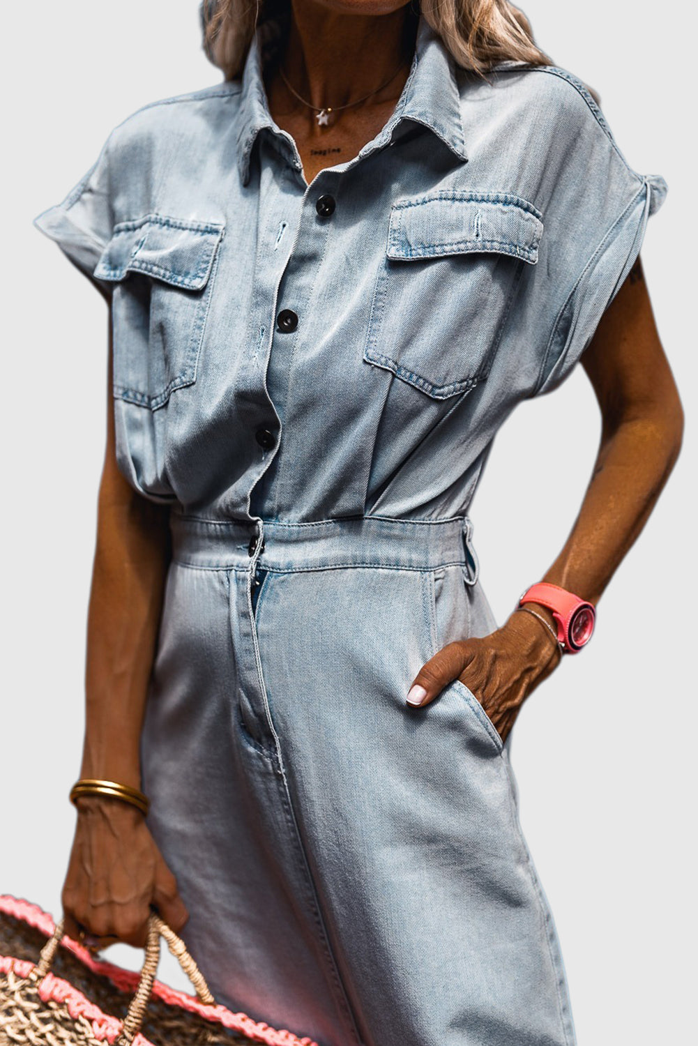 Beau Blue Short Batwing Sleeve Slit Back Denim Dress