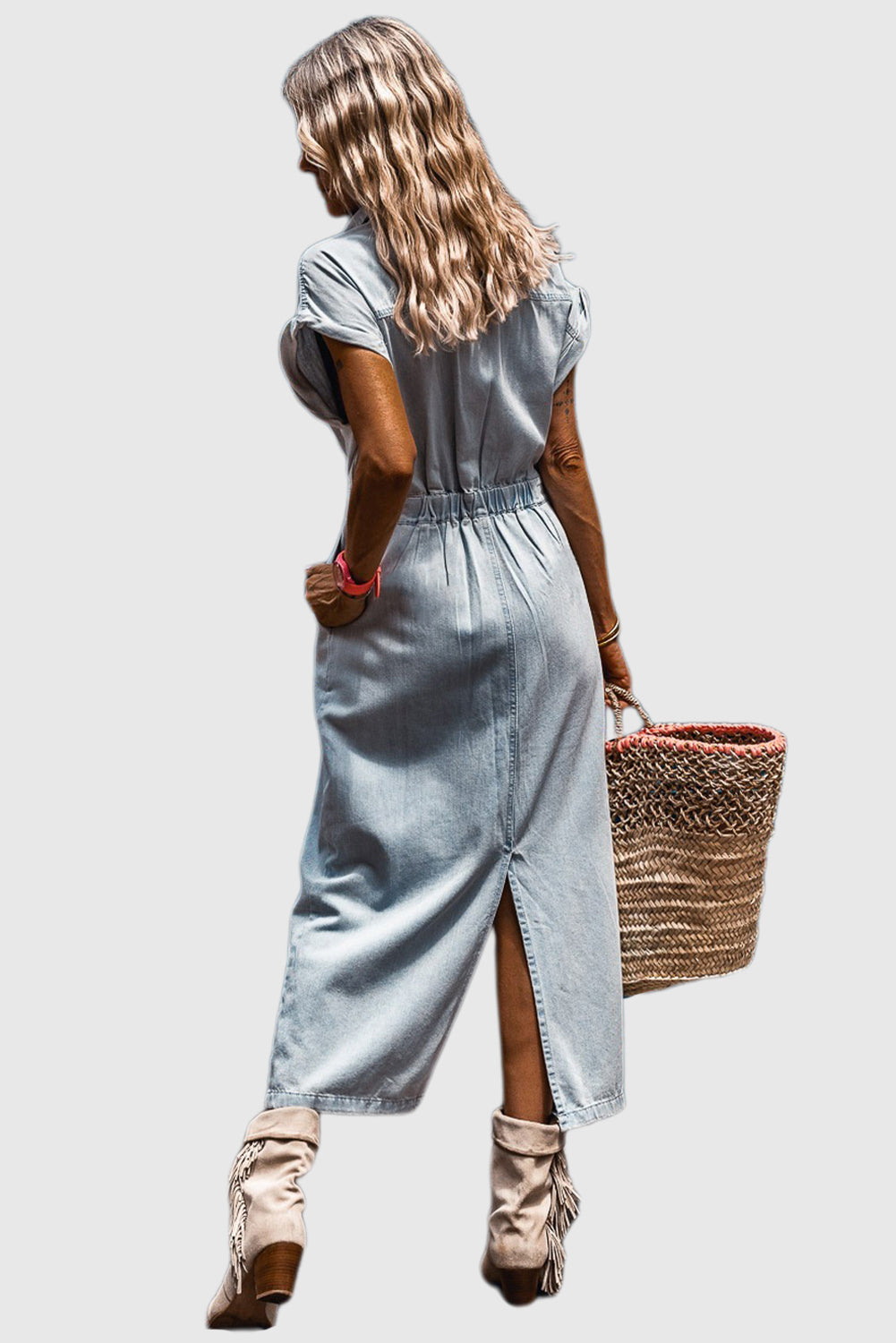 Beau Blue Short Batwing Sleeve Slit Back Denim Dress