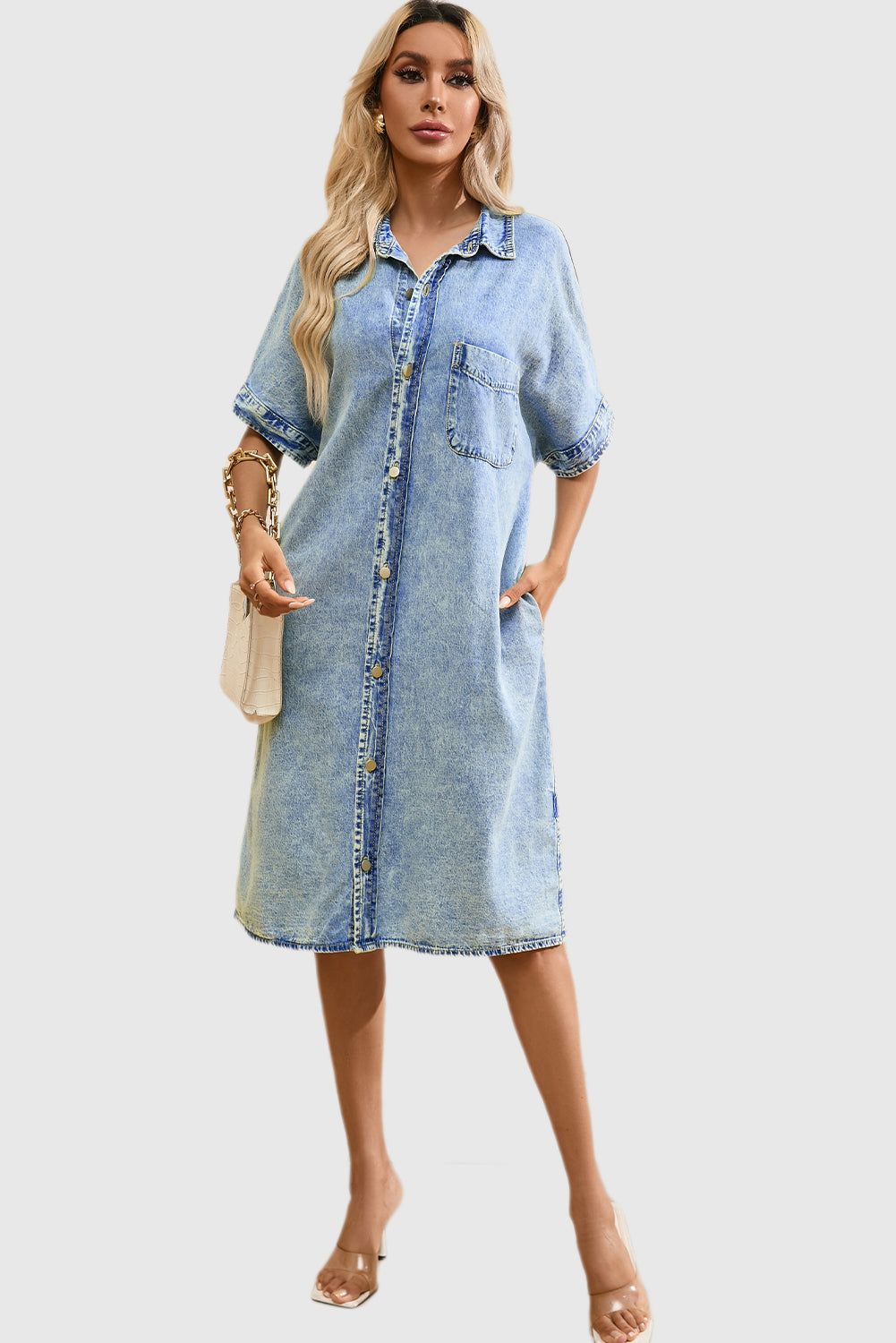 Light Blue Loose Medium Wash Short Sleeve Shirt Chambray Dress