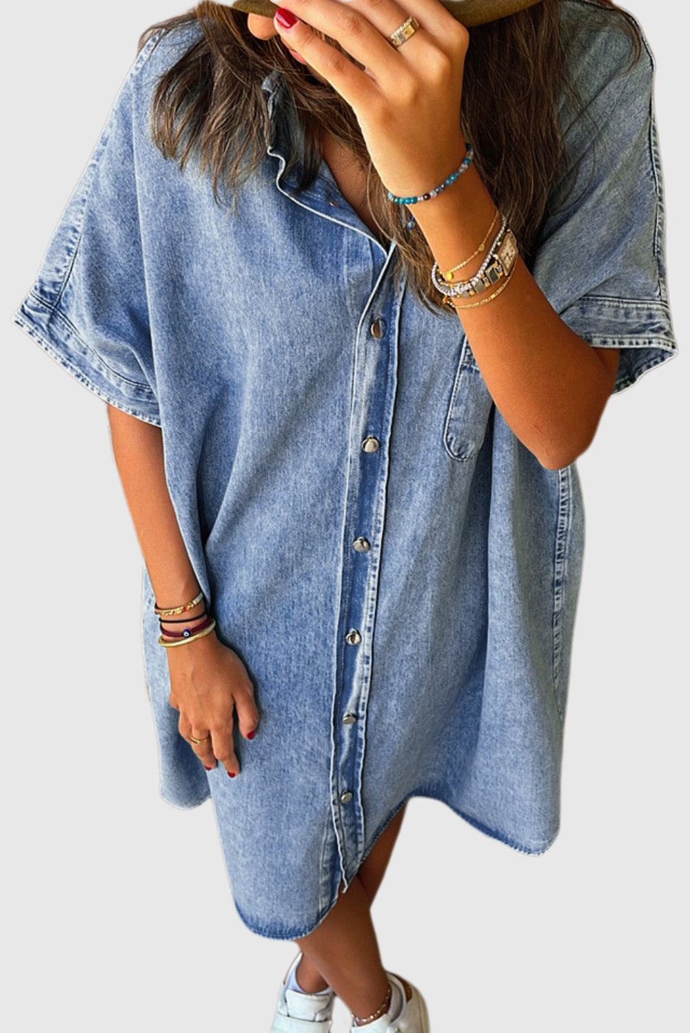 Light Blue Loose Medium Wash Short Sleeve Shirt Chambray Dress