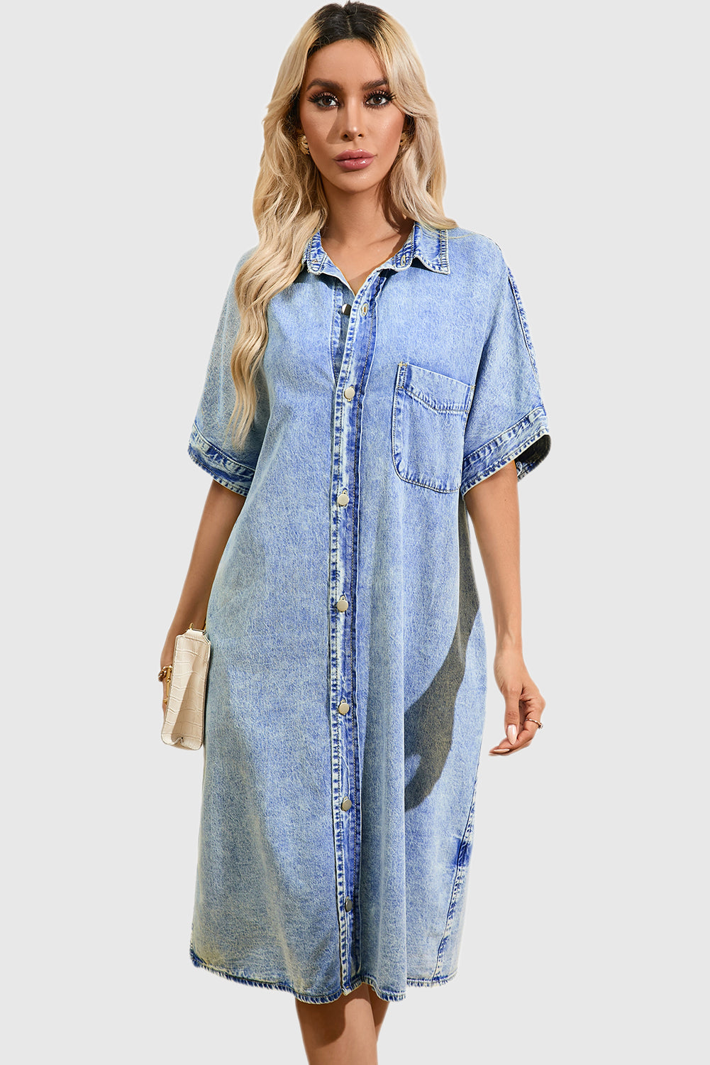 Light Blue Loose Medium Wash Short Sleeve Shirt Chambray Dress