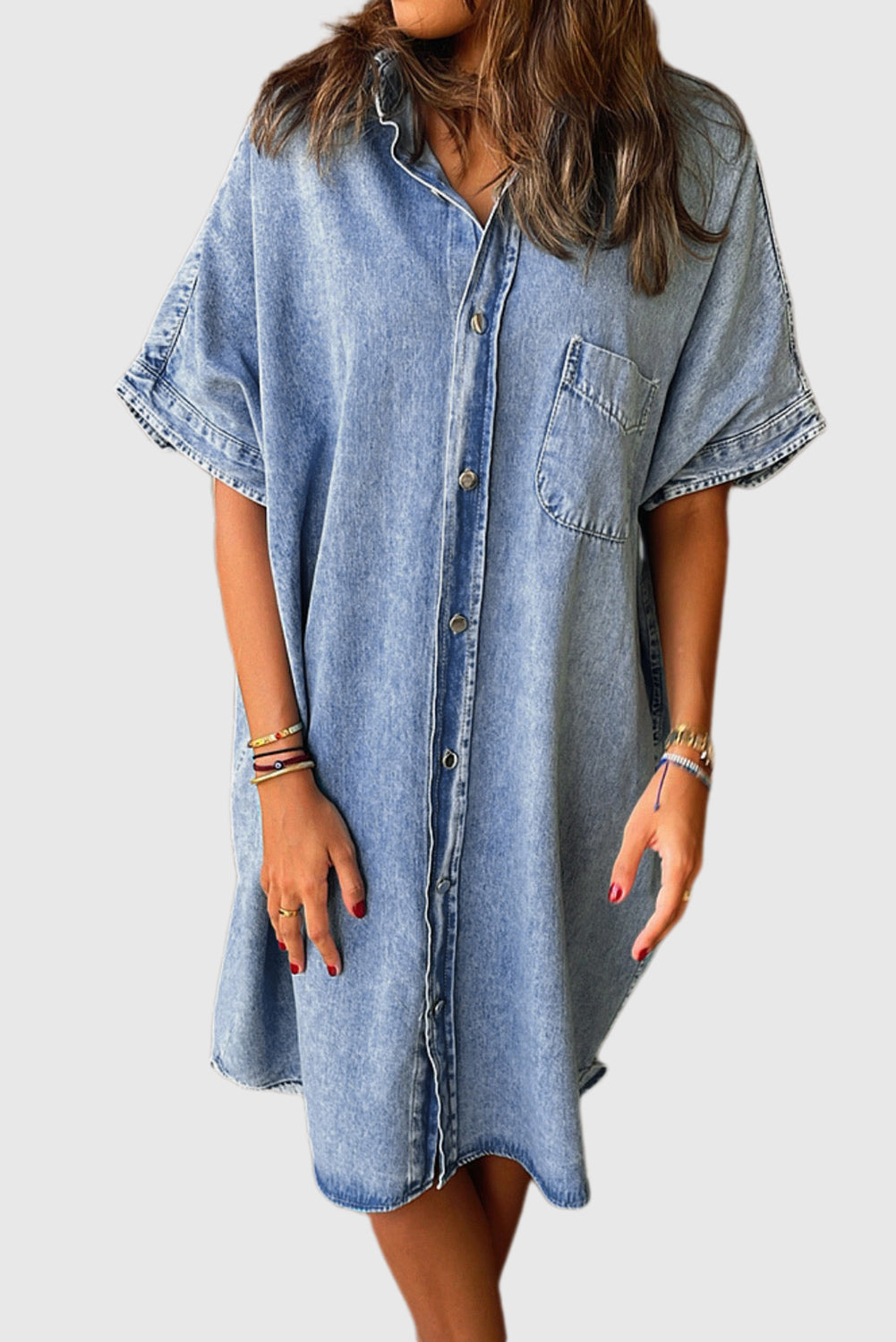 Light Blue Loose Medium Wash Short Sleeve Shirt Chambray Dress