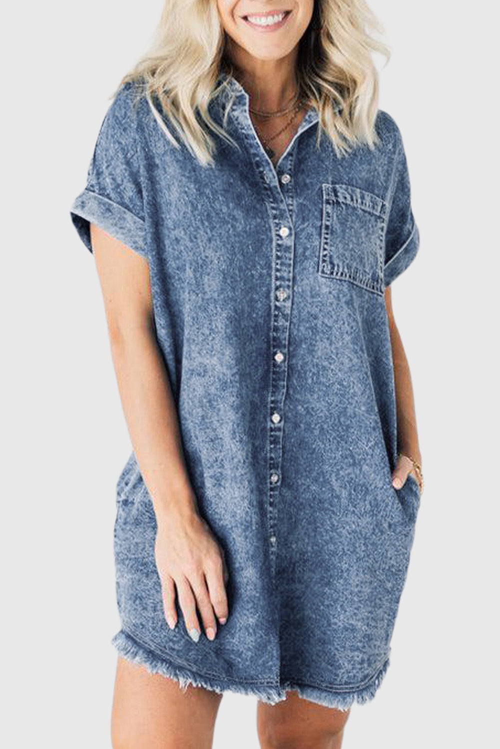 Blue Mineral Wash Cuffed Sleeve Frayed Hem Denim Dress