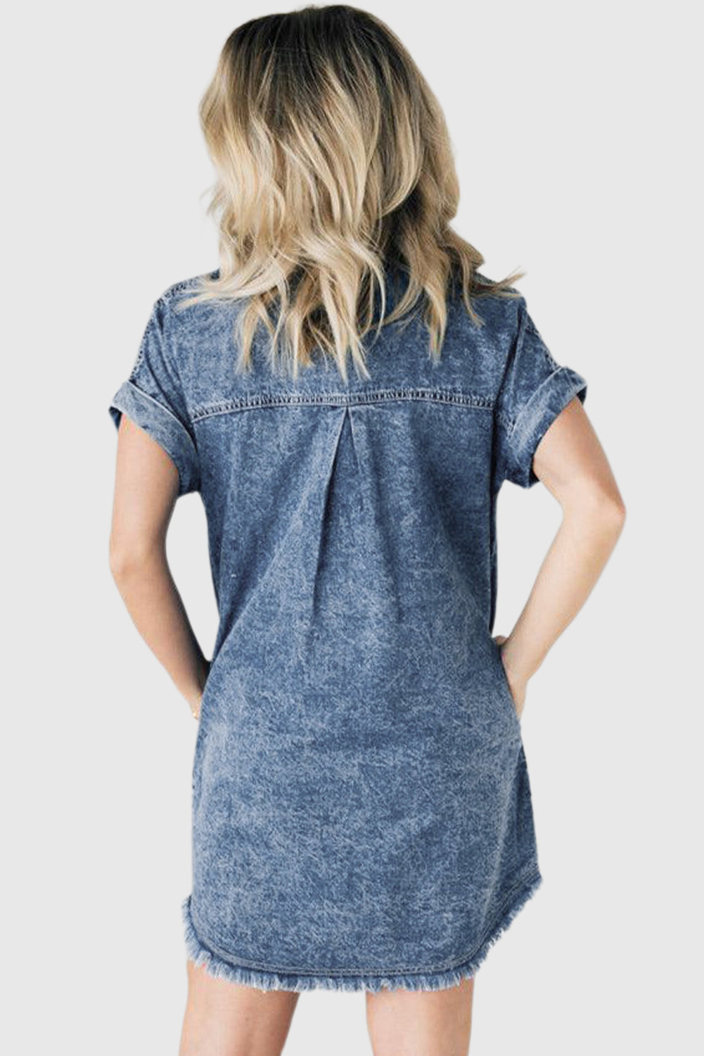 Blue Mineral Wash Cuffed Sleeve Frayed Hem Denim Dress
