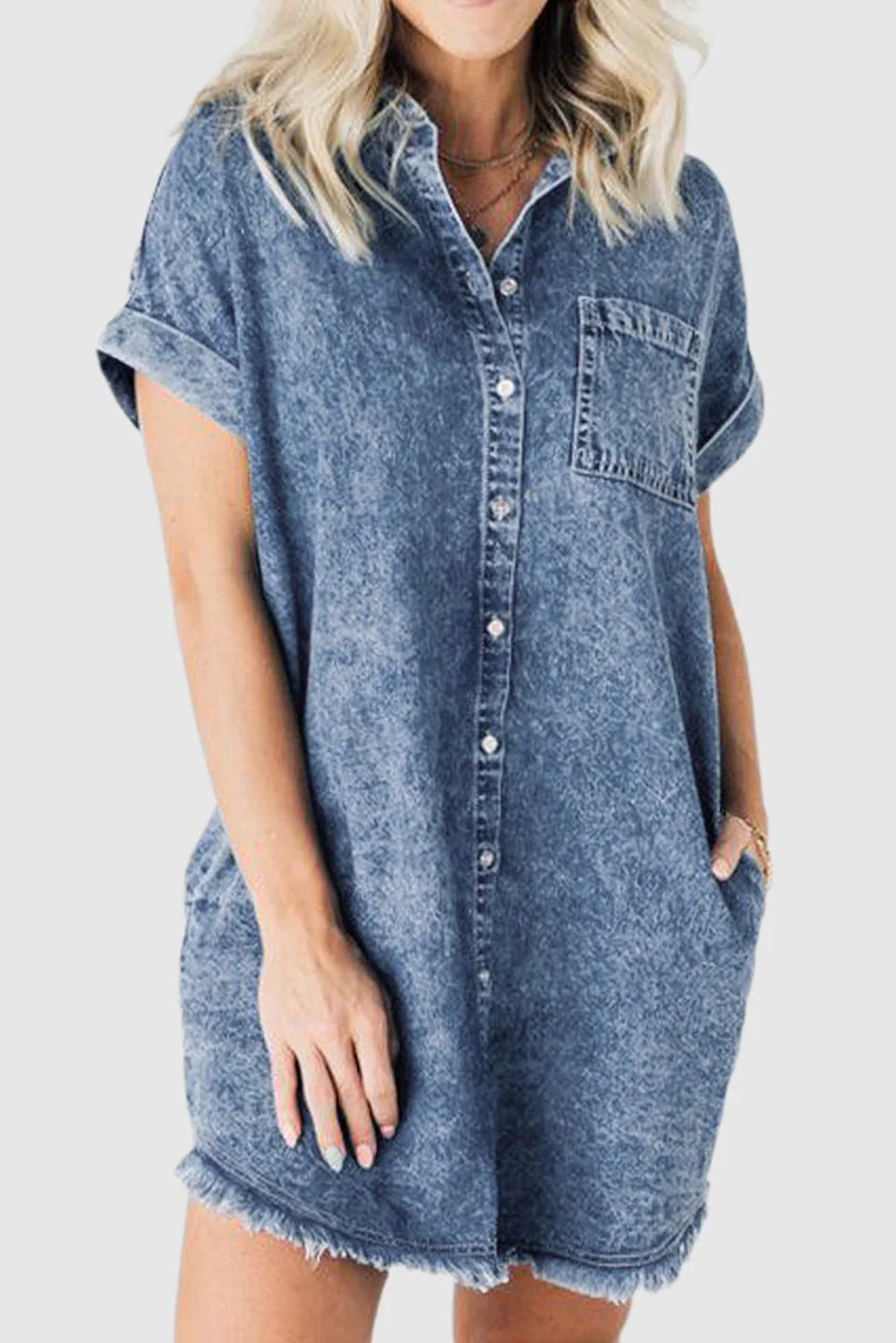 Blue Mineral Wash Cuffed Sleeve Frayed Hem Denim Dress